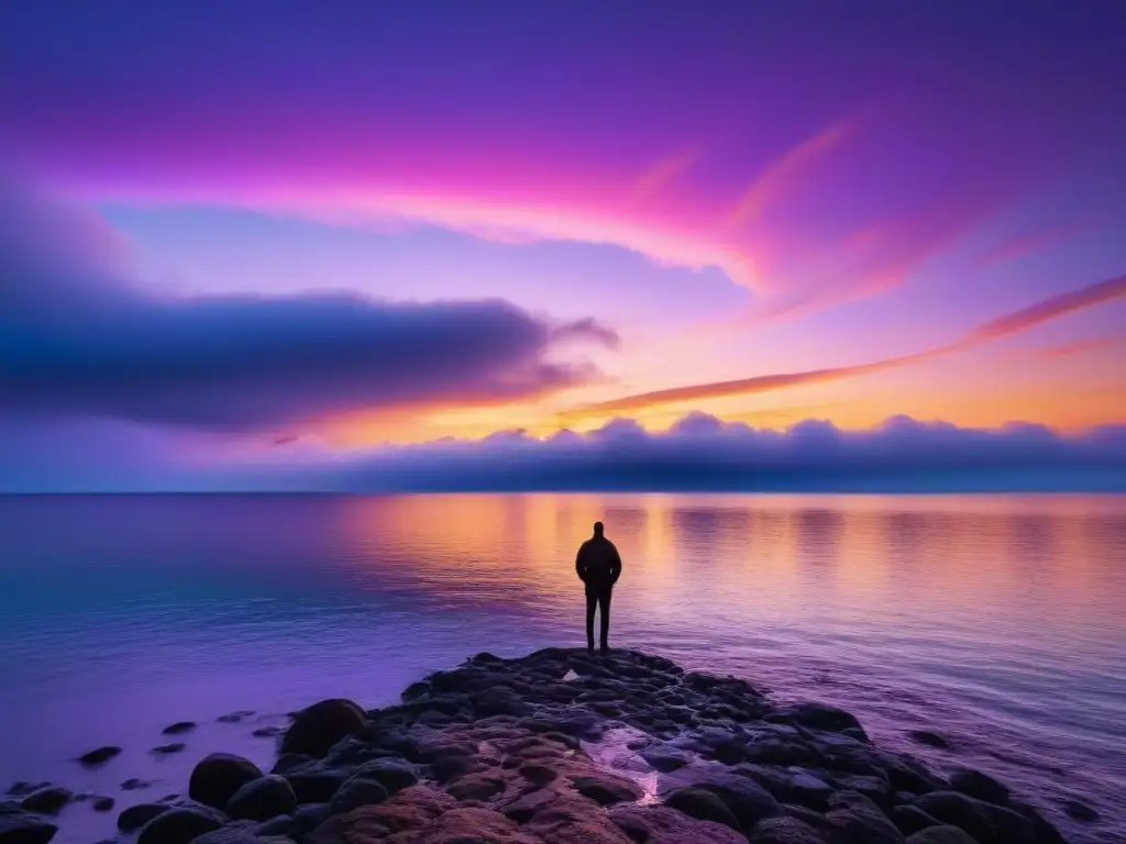 Persona reflexiva contempla el atardecer en el mar, transmitiendo autoconocimiento a través de poesía