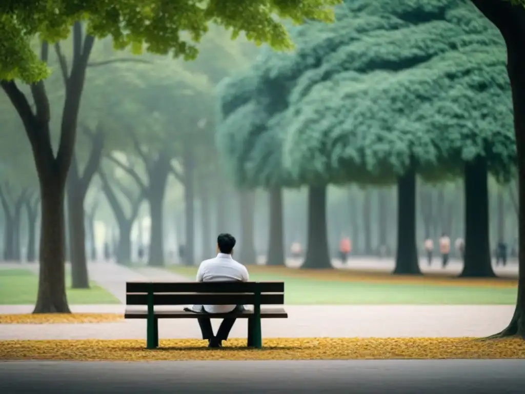 Persona reflexiva en un banco del parque, rodeada de árboles, hojas cayendo