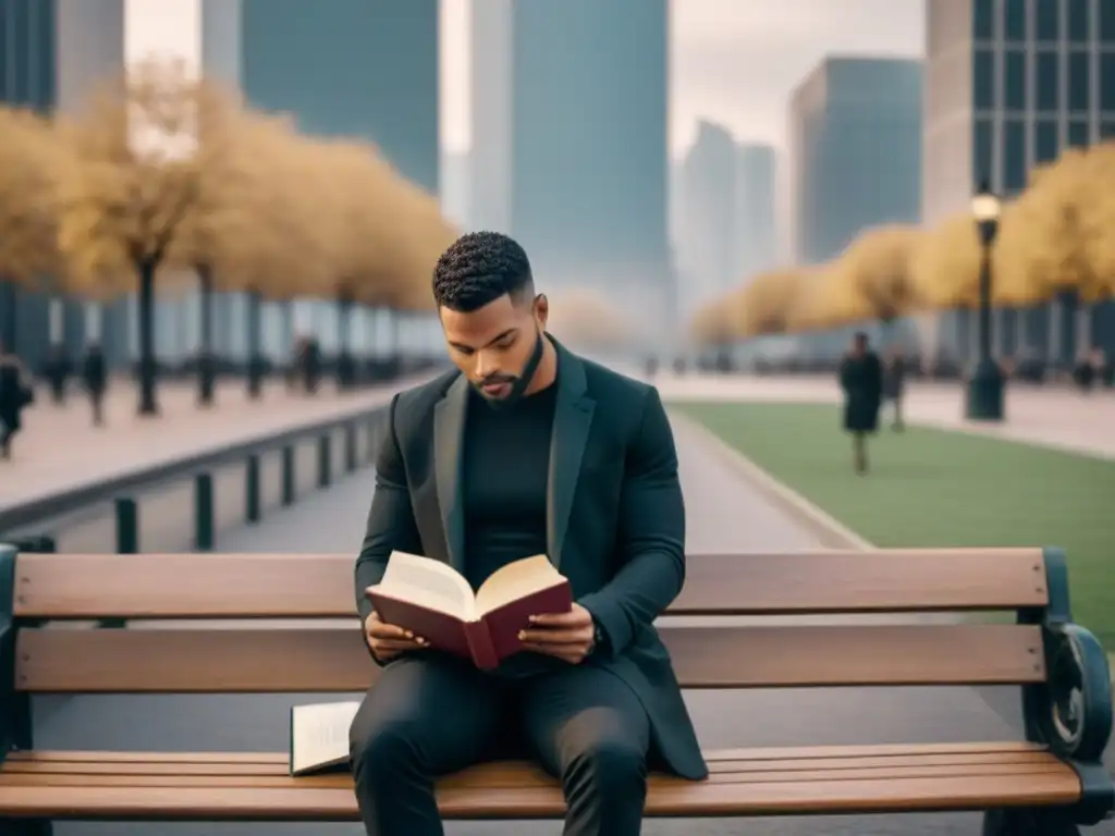 Una persona reflexiva en un banco de parque, rodeada de edificios altos en la ciudad