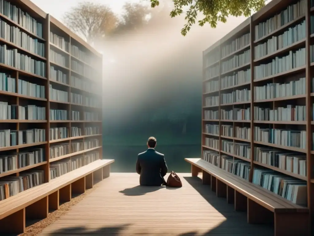 Persona reflexiva en banco rodeada de libros de poesía, fomentando la introspección