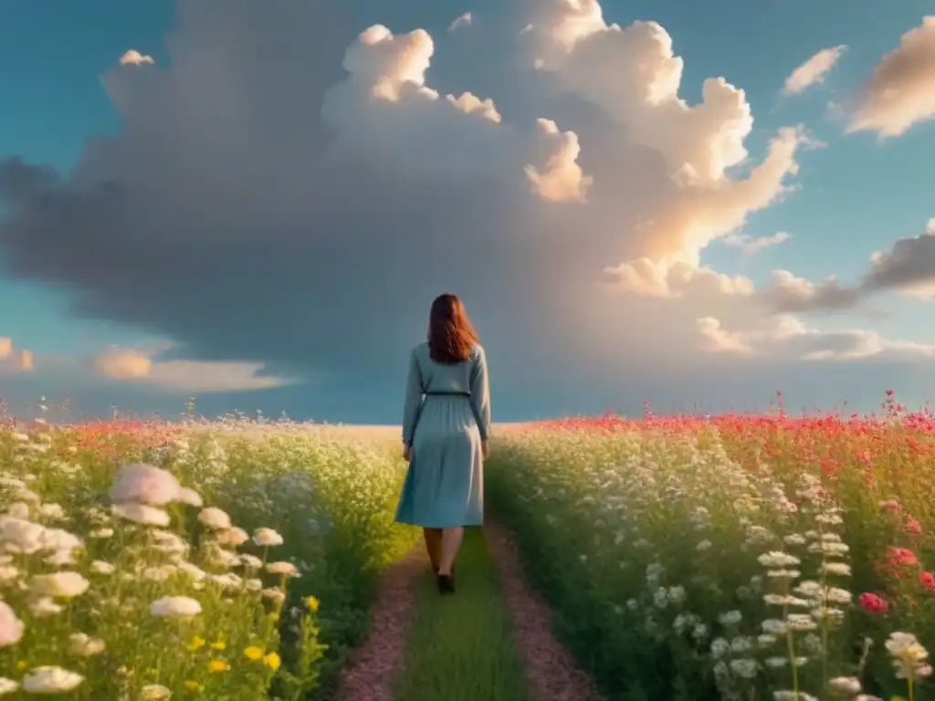 Persona reflexiva en campo de flores, rostro al sol entre nubes