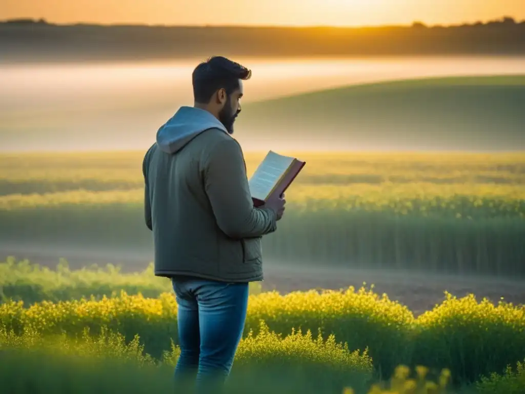 Persona reflexiva en campo al amanecer con libro de poesía