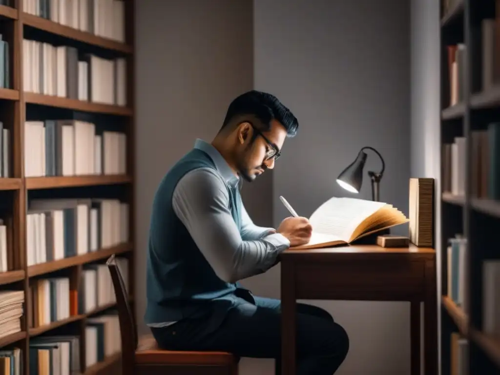 Persona reflexiva escribiendo en cuarto oscuro lleno de libros y papeles, conectando con su autoconocimiento a través de la poesía