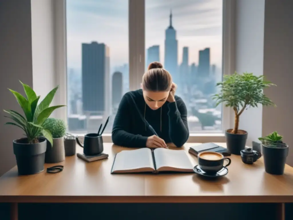 Persona reflexiva en un escritorio desordenado, mirando la ciudad