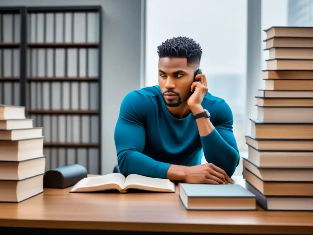 Persona reflexiva en su escritorio, rodeada de libros y papeles, con expresión de determinación