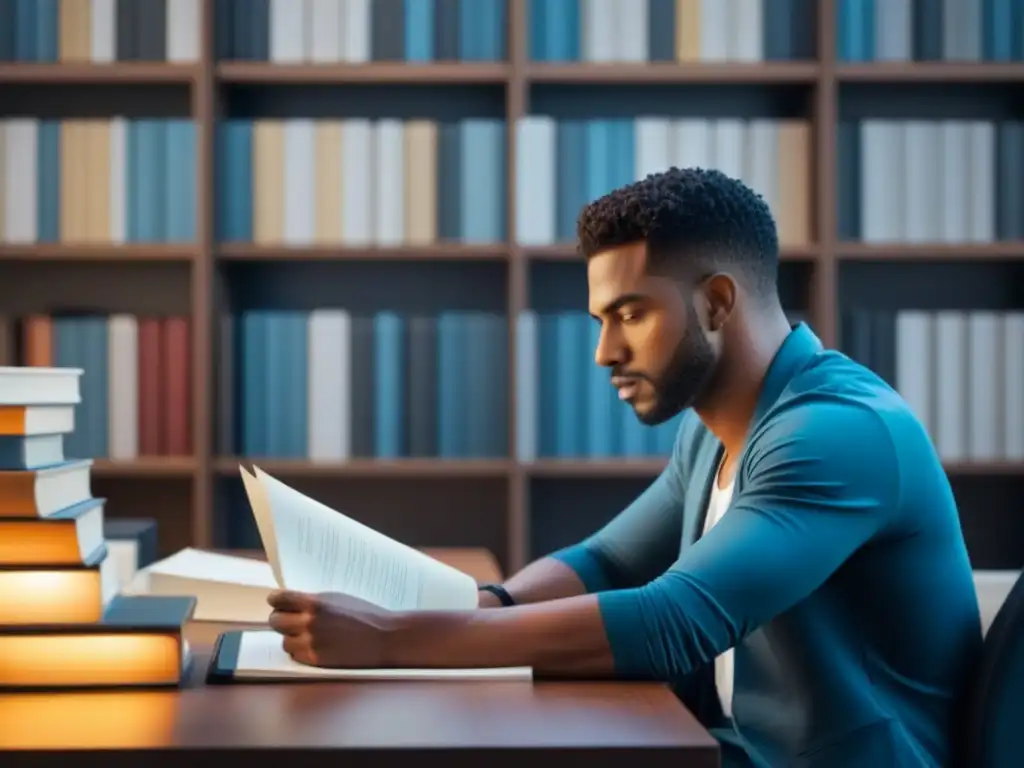 Persona reflexiva en un espacio ordenado con libros y laptop, simbolizando creatividad en escritura