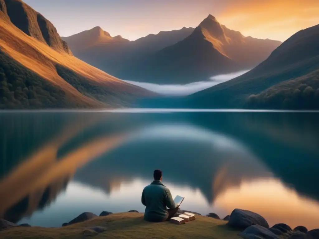 Persona reflexiva junto al lago, montañas al fondo, bajo la luz dorada del atardecer, explorando el poder transformador de las palabras