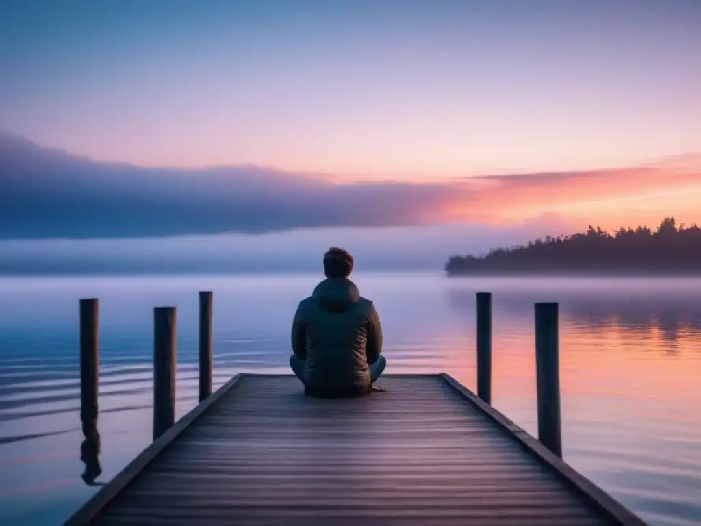 Persona reflexiva en muelle al amanecer, creando poesía