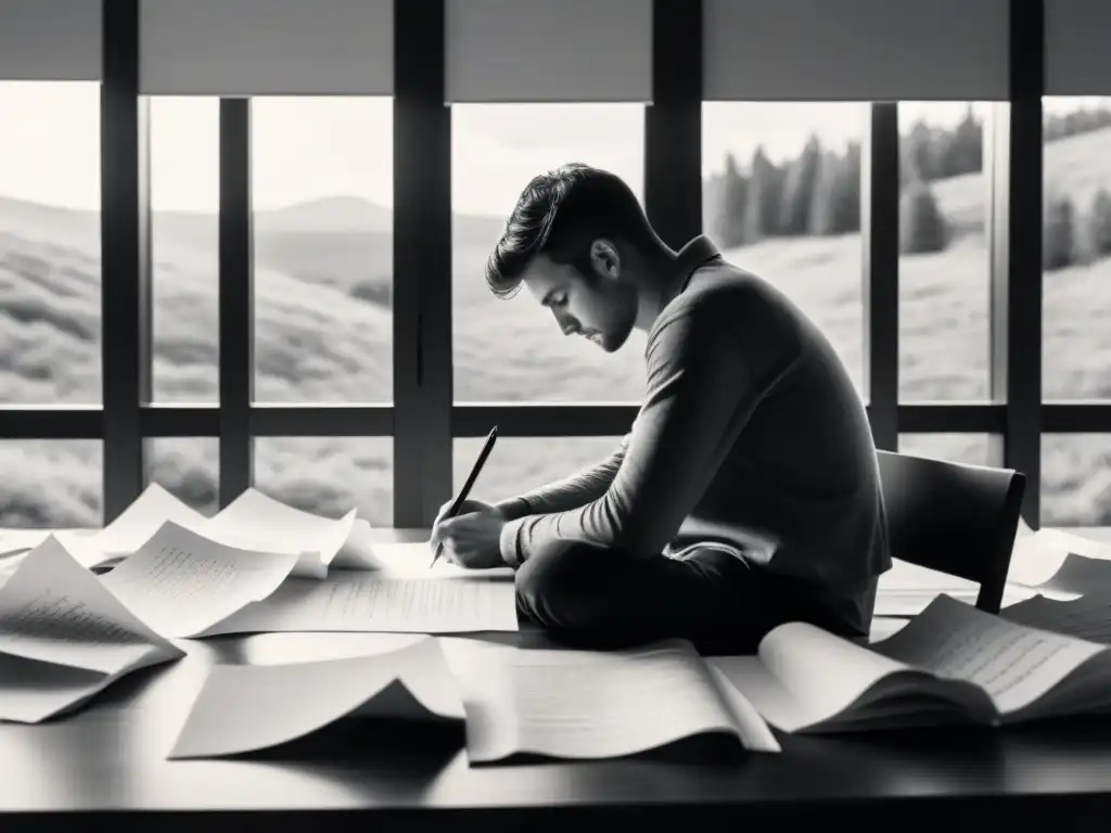 Persona reflexiva escribiendo poesía frente a ventana, simbolizando autoexploración a través de poesía