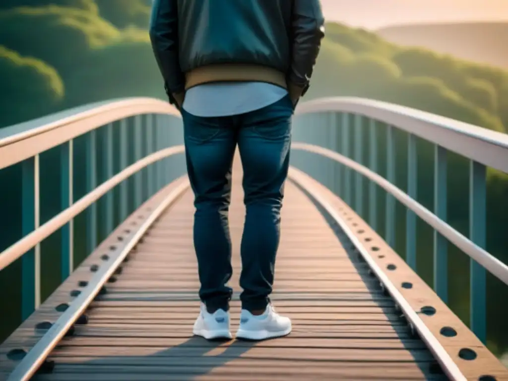 Persona reflexiva en puente de palabras, con ojos cerrados y expresión serena