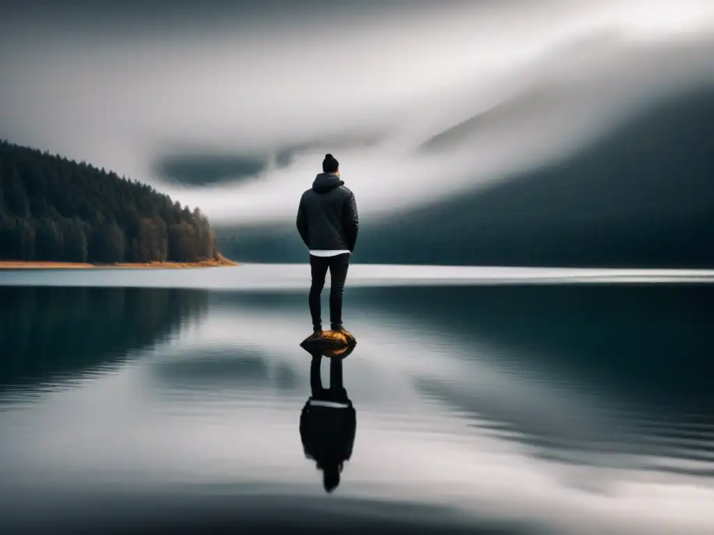 Reflexión poética en el lago sereno: autodescubrimiento Persona reflexiva contemplando su reflejo en un lago sereno, transmitiendo la exploración de la identidad a través de la poesía transformadora