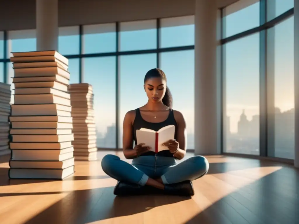 Serena reflexión en cuarto minimalista con libros y poesía Persona reflexiva rodeada de libros y poesía, en un cuarto iluminado por el sol