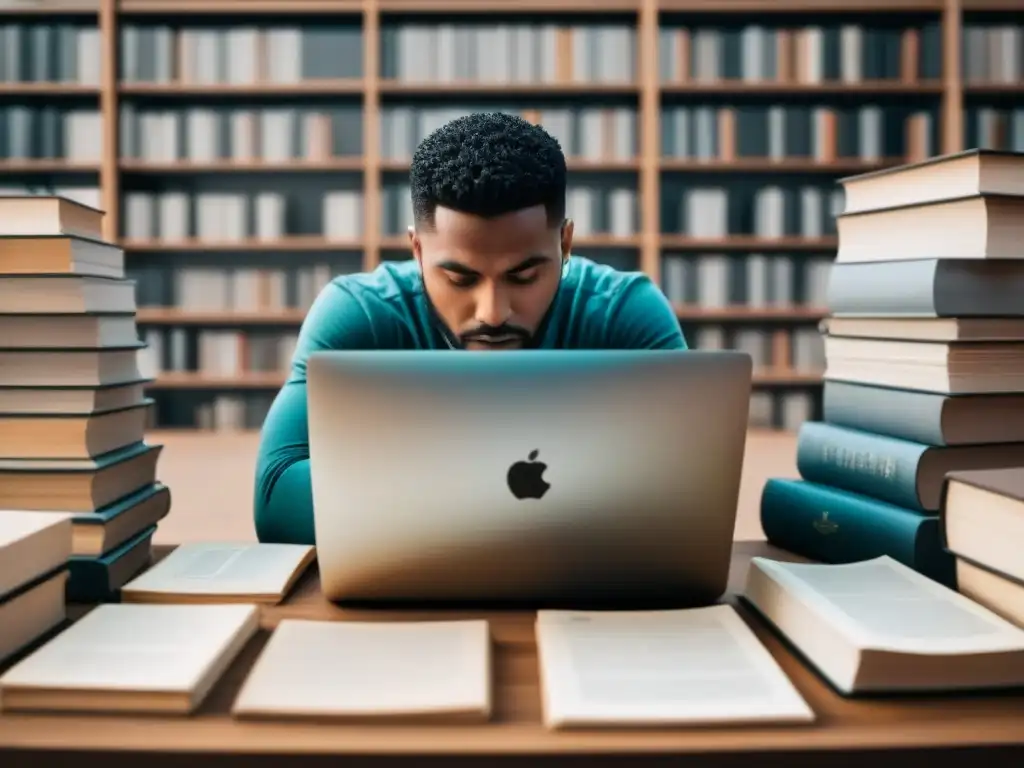 Persona reflexiva rodeada de libros y tecnología, enfrentando desafíos de la poesía contemporánea global transformadora