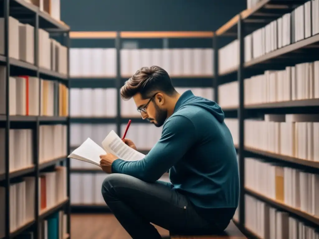 Reflexión creativa entre libros y papeles Persona reflexiva rodeada de libros y papeles en una habitación tenue, inspirando transformación social a través de la poesía