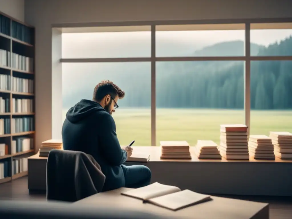 Persona reflexiva en soledad, rodeada de libros y papel en blanco, con un bolígrafo en mano, contemplando un paisaje sereno