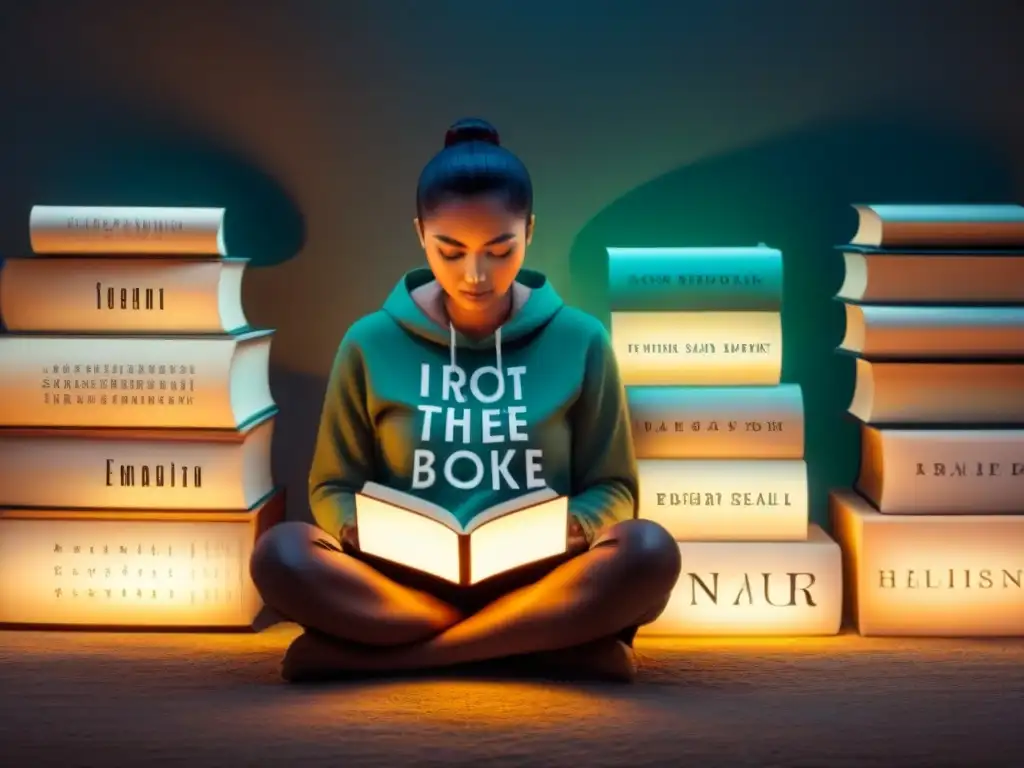 Persona en meditación rodeada de libros de poesía en varios idiomas, iluminada por la autoexploración a través de poesía