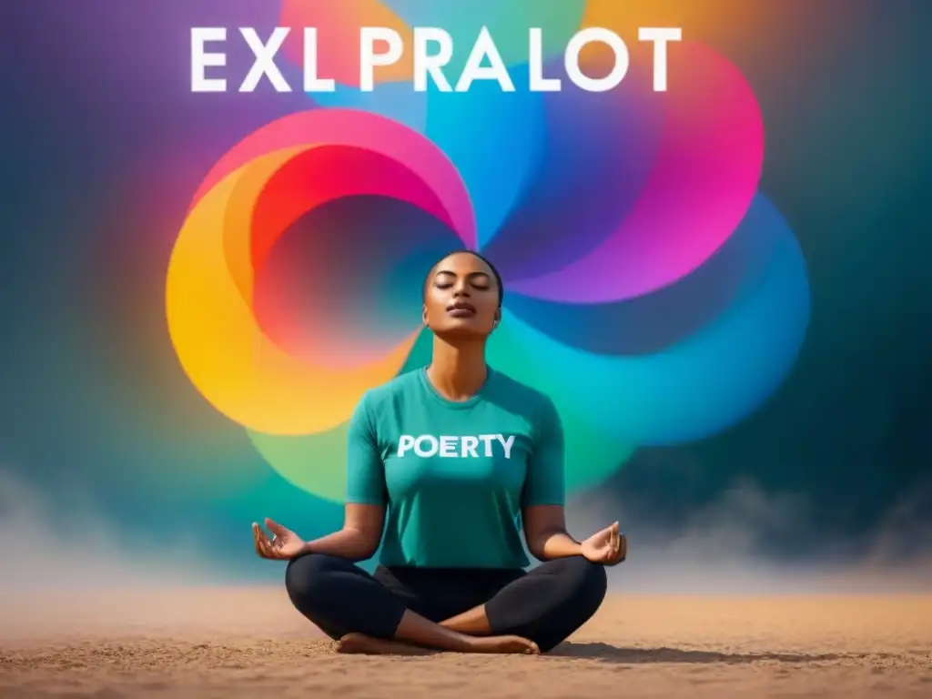 Persona en meditación rodeada de palabras y colores vibrantes, simbolizando la identidad a través de la poesía como terapia del alma