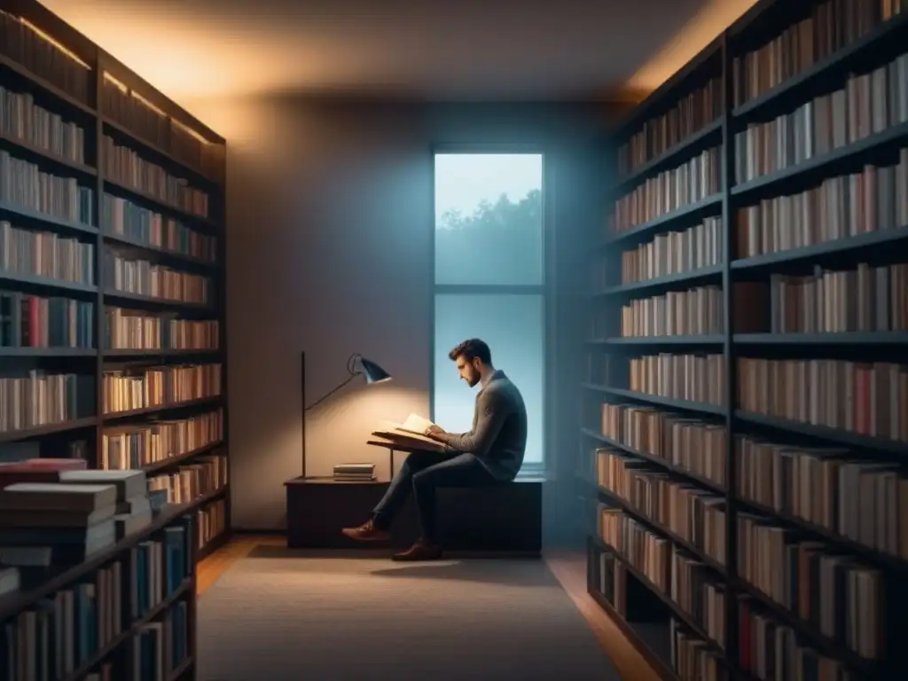 Persona reflexionando en silencio rodeada de libros y luz tenue