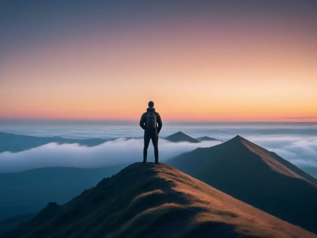 Persona en silueta en la cima de una montaña al amanecer, sosteniendo un micrófono, listo para transformar con la voz única