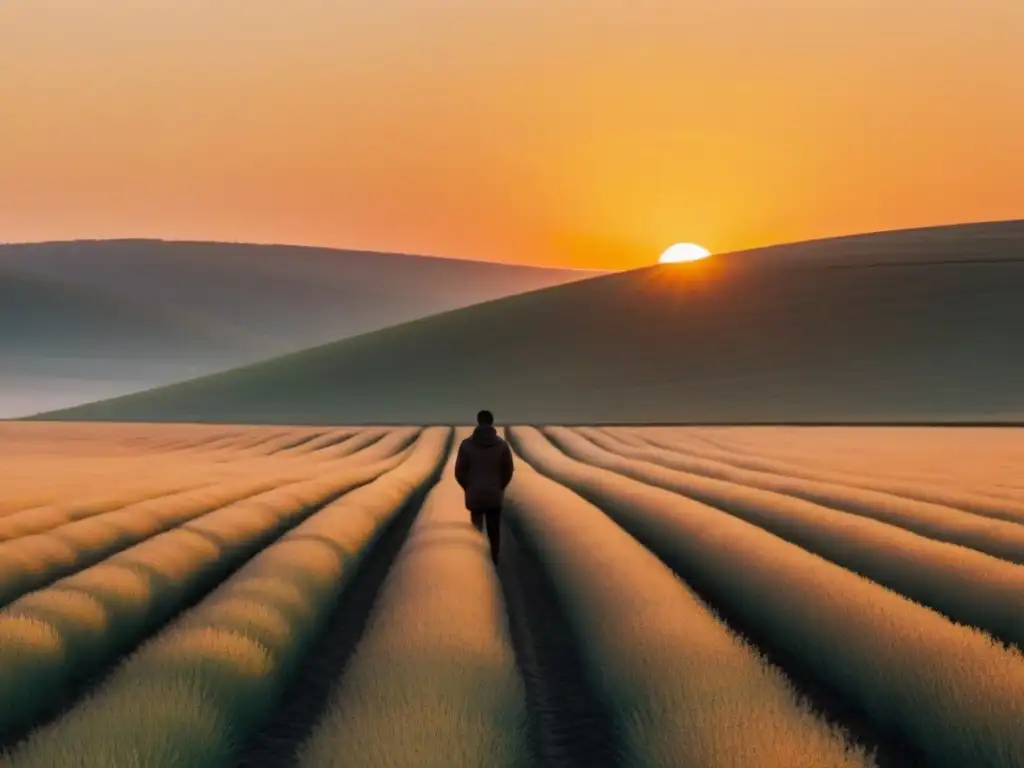 Persona sola en campo al amanecer, iluminada por el sol naciente, expresión contemplativa