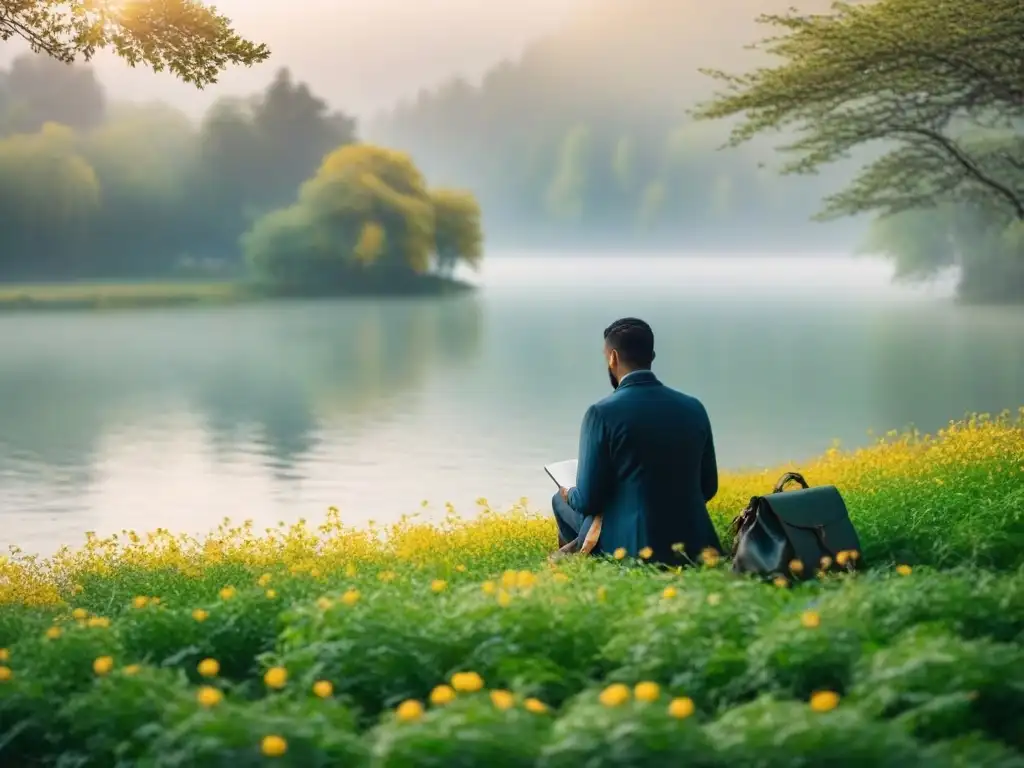 Persona sola junto a lago tranquilo rodeado de naturaleza exuberante, con cuaderno y pluma en mano, reflejando introspección y poesía