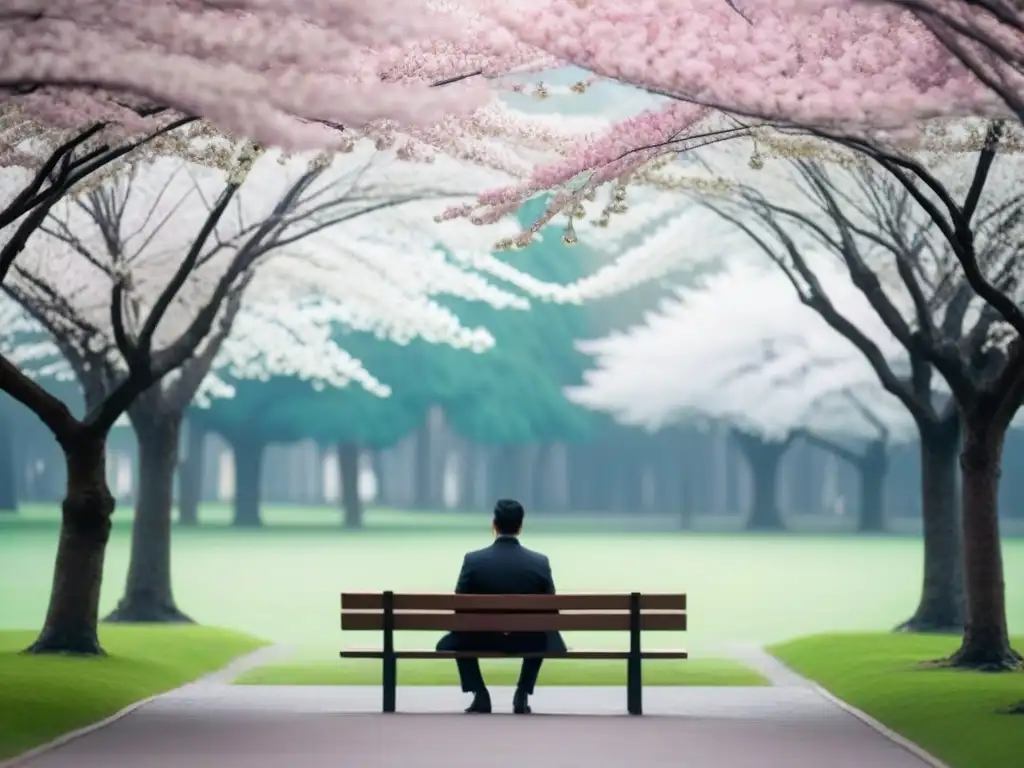 Persona reflexiva bajo cerezos en flor Persona solitaria en banco de parque, contemplativa bajo cerezos en flor