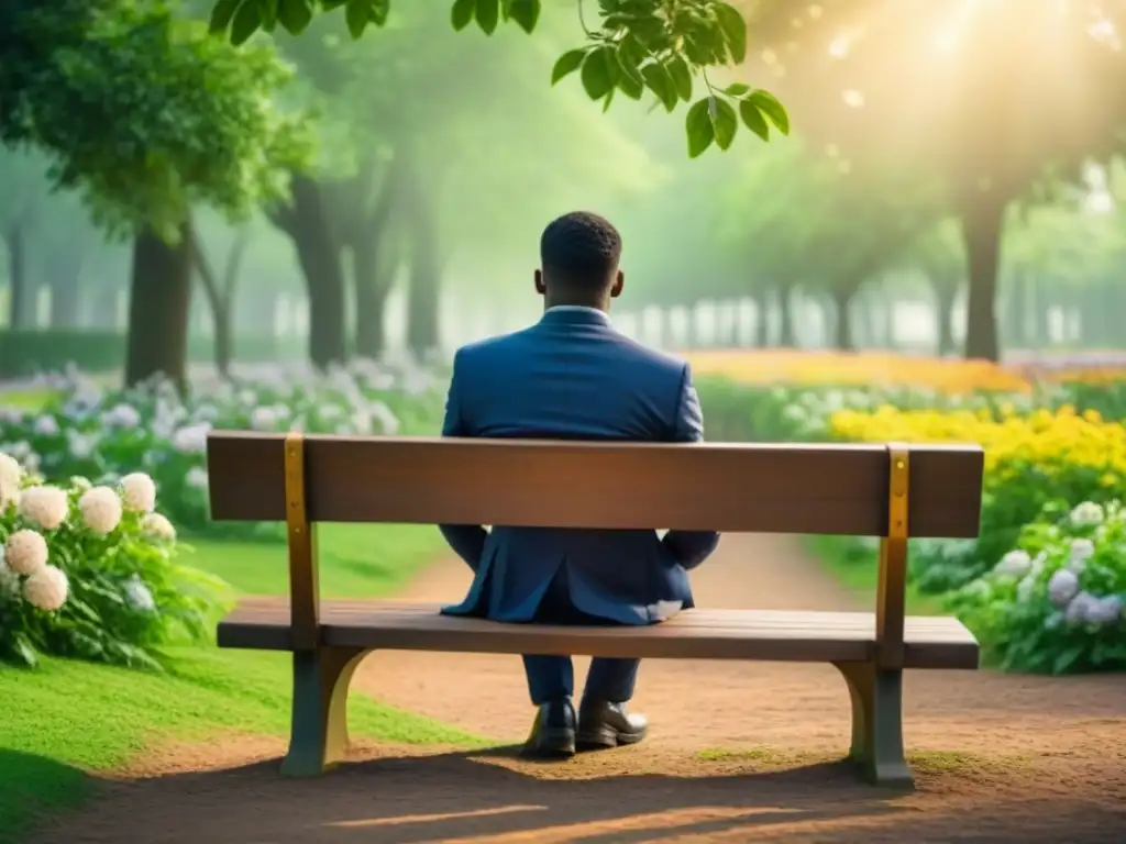 Persona solitaria en banco de parque, rodeada de naturaleza, con cuaderno y expresión de paz