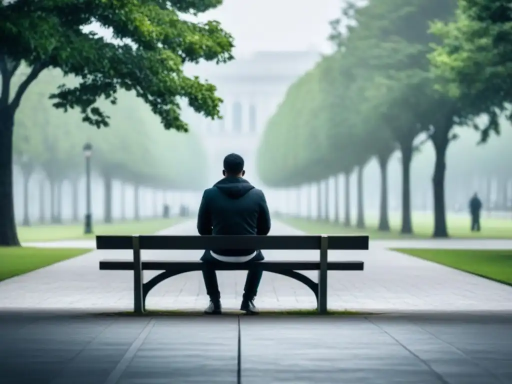 Una persona solitaria en un banco del parque, rodeada de formas abstractas que simbolizan pensamientos y emociones, contemplando el horizonte