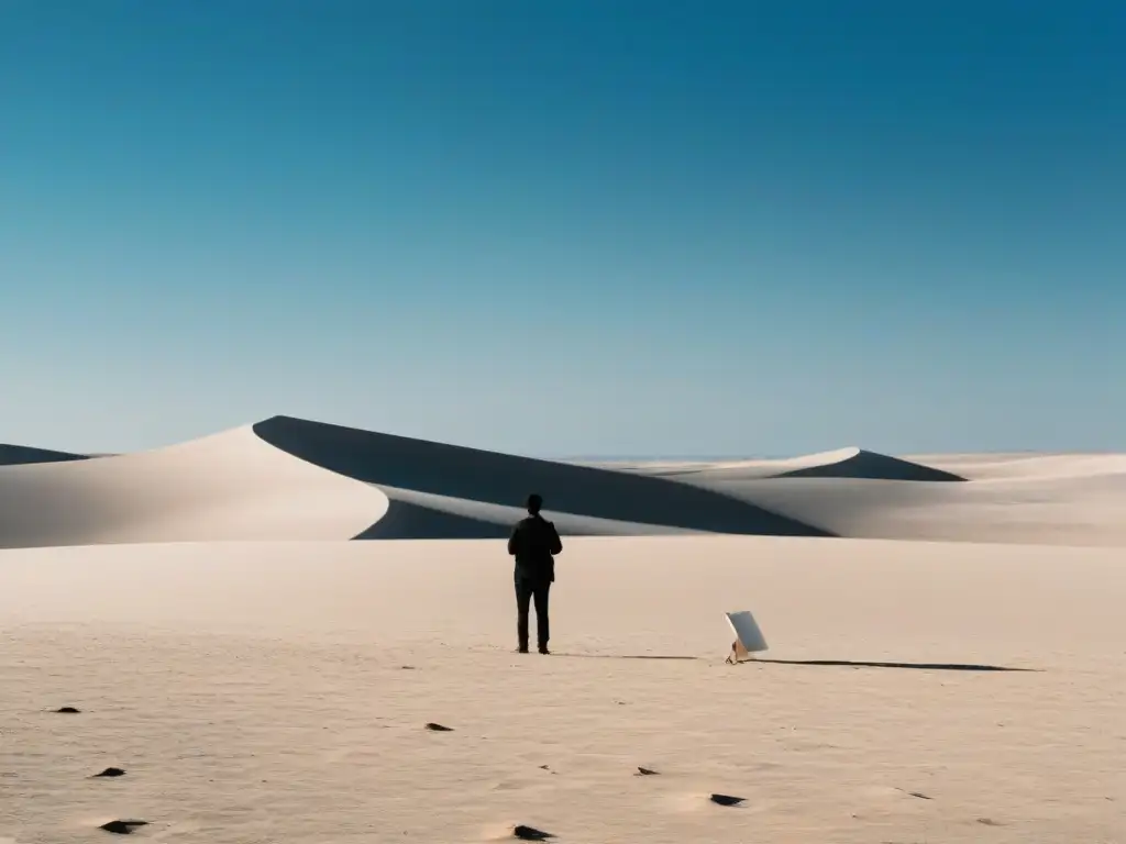 Persona solitaria en desierto leyendo poesía, transmitiendo el poder transformador de la poesía en un escenario expansivo y sereno