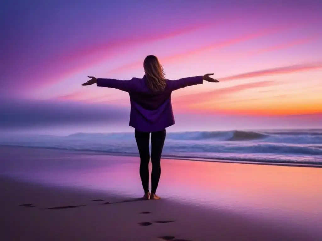 Persona solitaria abrazando el horizonte al atardecer en la playa desierta, transmitir sentimientos en poesía