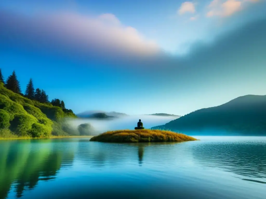 Persona solitaria reflexionando junto al lago, en armonía con la naturaleza