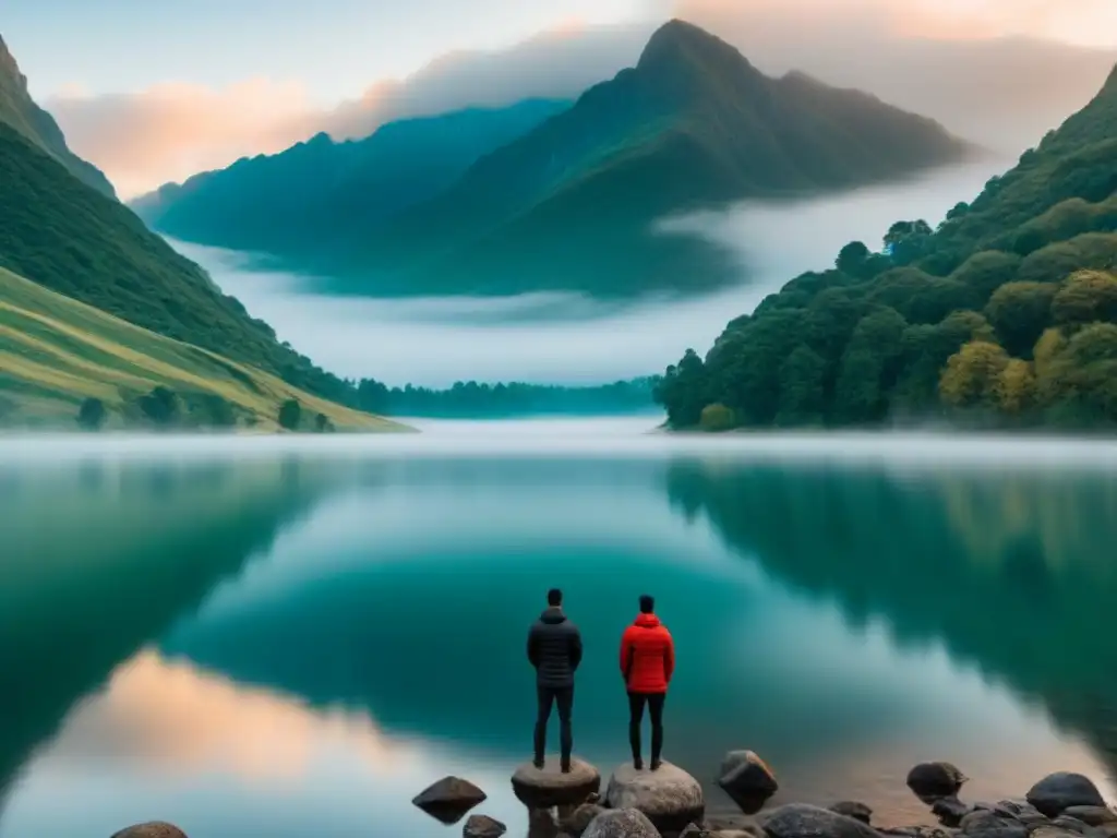 Persona solitaria reflexionando junto al lago, rodeada de montañas brumosas, en la búsqueda de identidad en poesía lírica