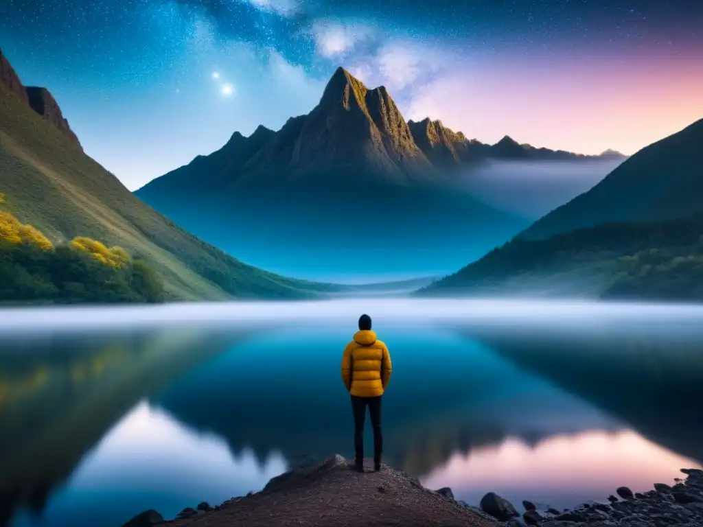 Persona solitaria reflexionando en lago sereno bajo cielo estrellado