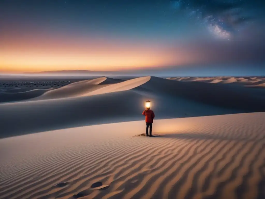 Persona solitaria con linterna en desierto estrellado