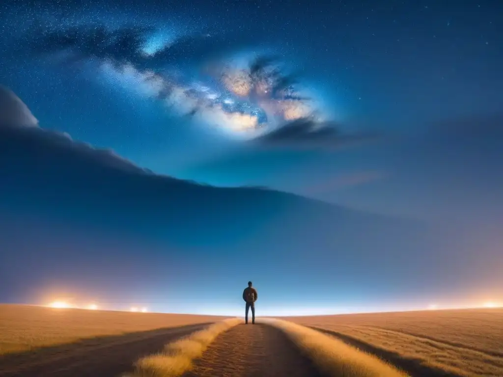 Persona solitaria en llanura bajo cielo estrellado con libro de poesía, reflejando el poder transformador de la poesía