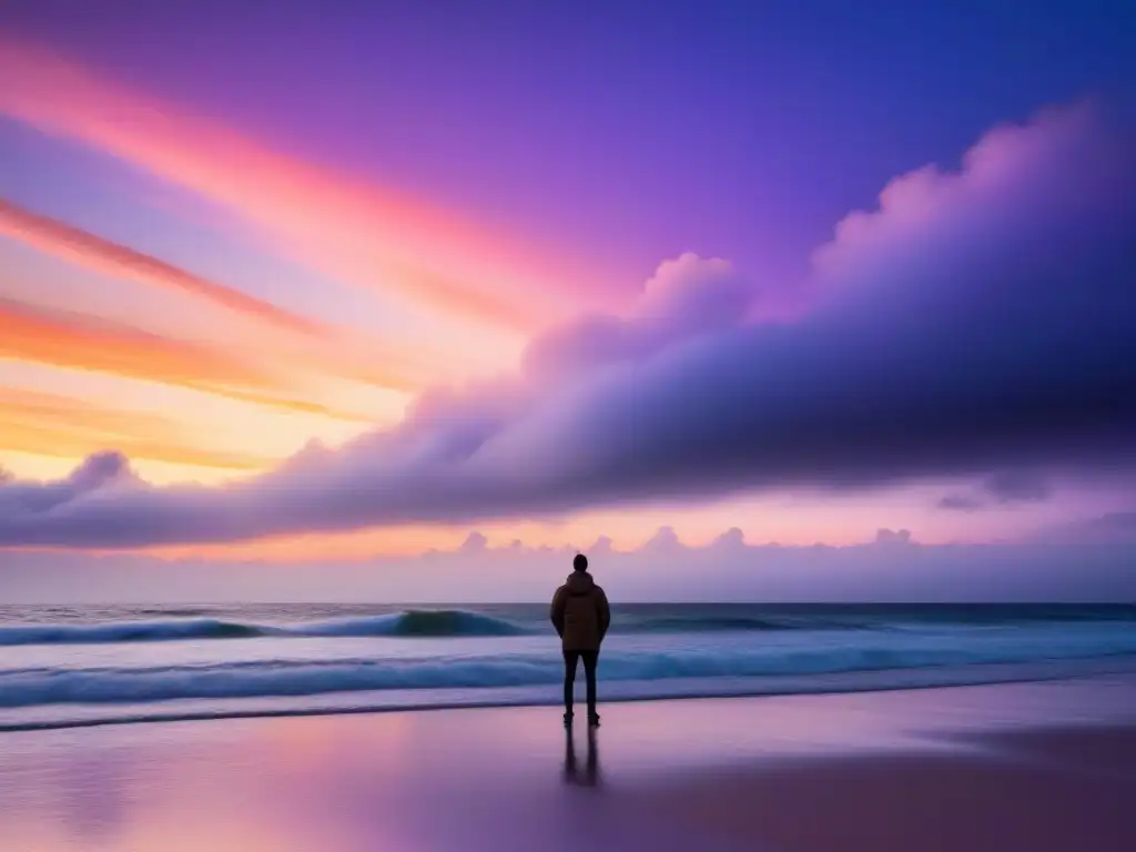 Persona solitaria contempla el mar al atardecer en una playa desierta