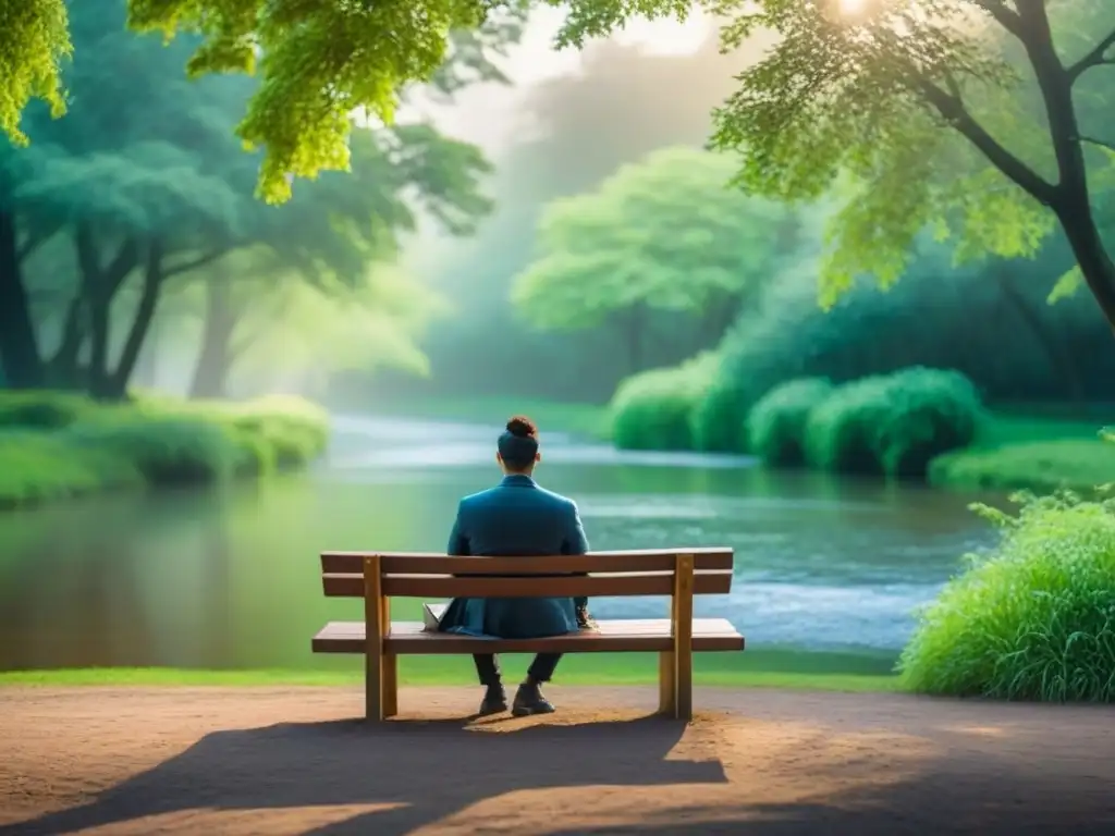 Tranquilidad en el parque: persona leyendo poesía junto al arroyo Persona solitaria leyendo poesía en un parque tranquilo, rodeada de árboles verdes y un arroyo