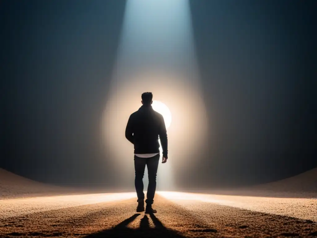 Persona saliendo de la sombra hacia la luz, simbolizando historias de superación a través del camino de la oscuridad a la luz