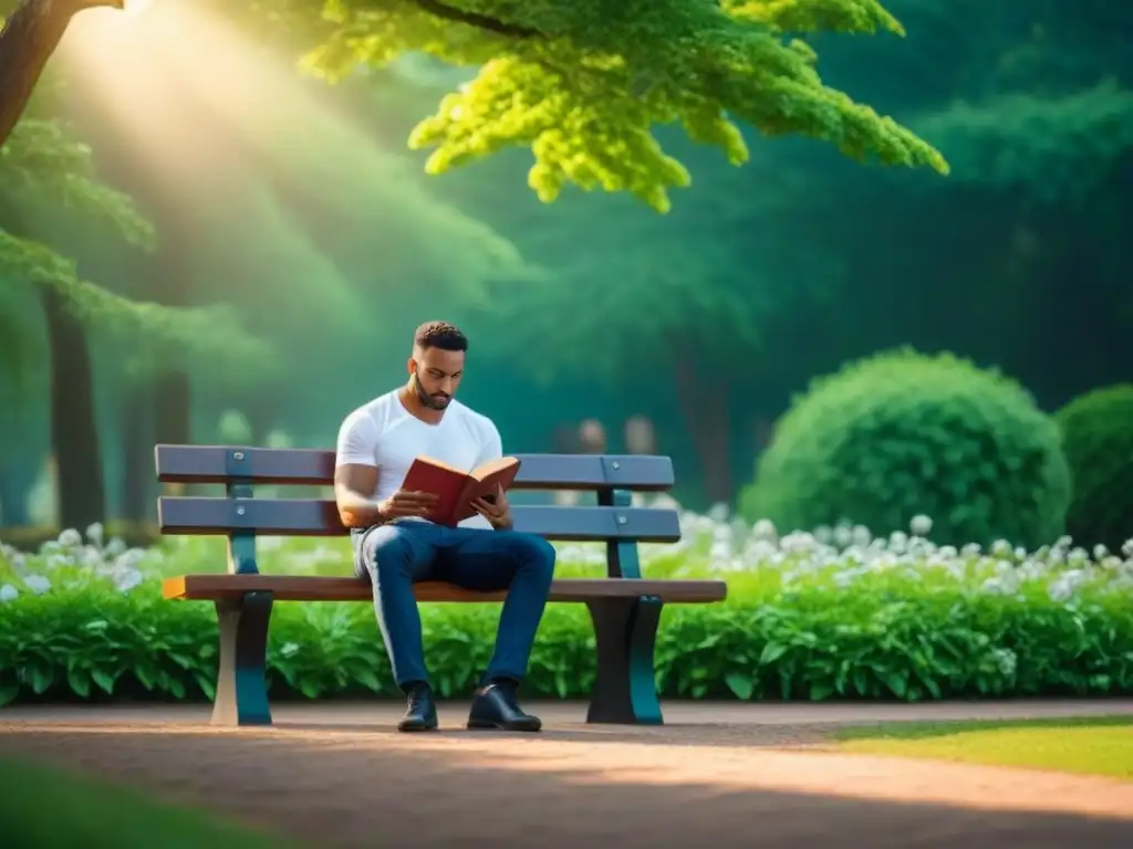 Persona leyendo poesía terapéutica para el corazón en banco de parque entre flores y vegetación vibrante