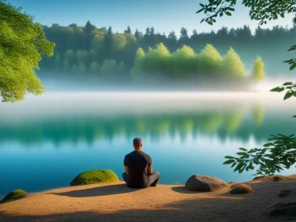 Persona tranquila junto a un lago sereno, rodeada de árboles verdes y cielo azul