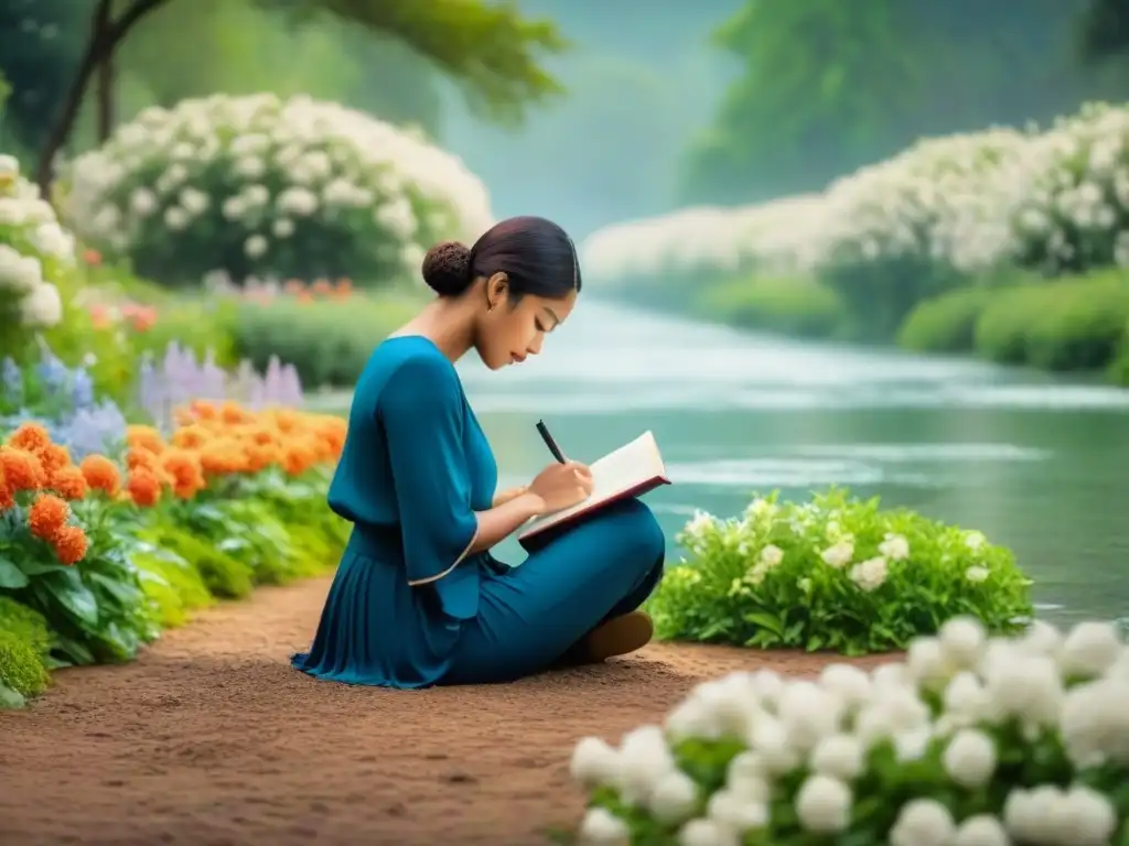 Persona escribiendo en un jardín tranquilo rodeado de flores, inspirando poesía terapéutica para sanar heridas