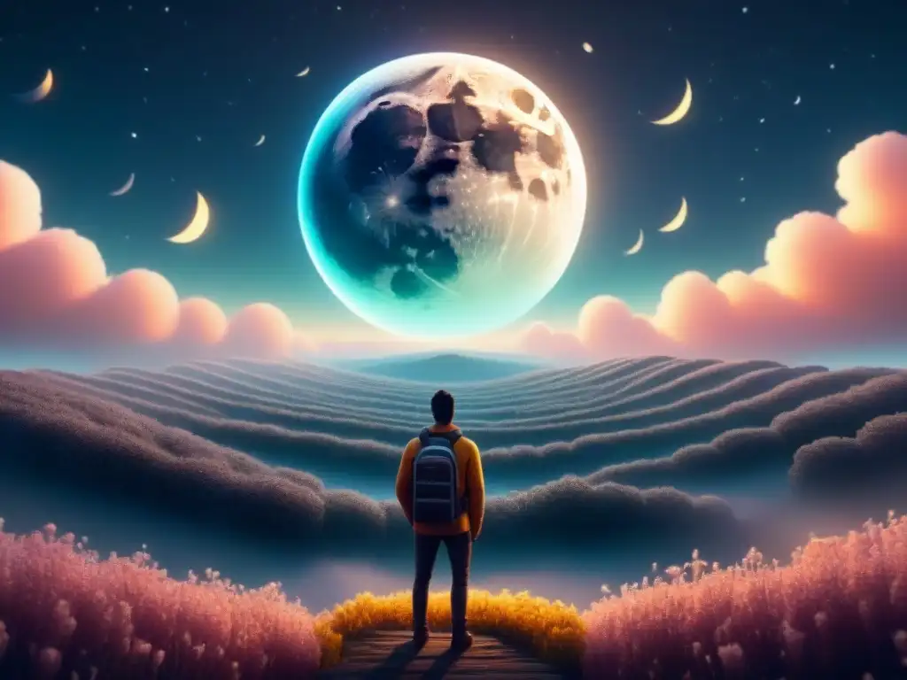 Un personaje pixelado contempla la luna brillante con versos poéticos, rodeado de libros flotantes y partículas luminosas