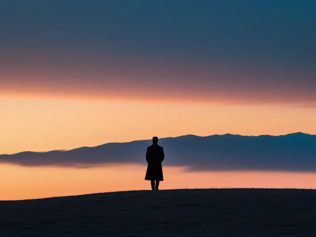 Un personaje solitario contempla el atardecer en un paisaje vasto y sereno, evocando 'El poder transformador de la poesía'