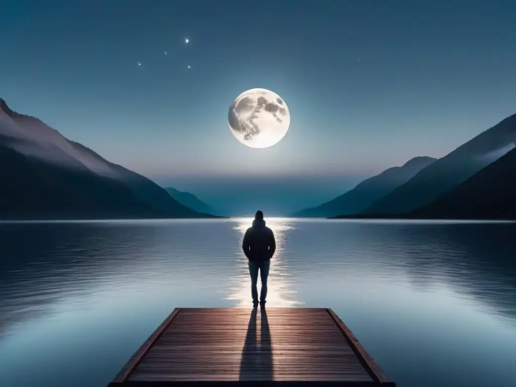 Personaje solitario contempla la luna en el lago, reflejando identidad a través poesía transformadora