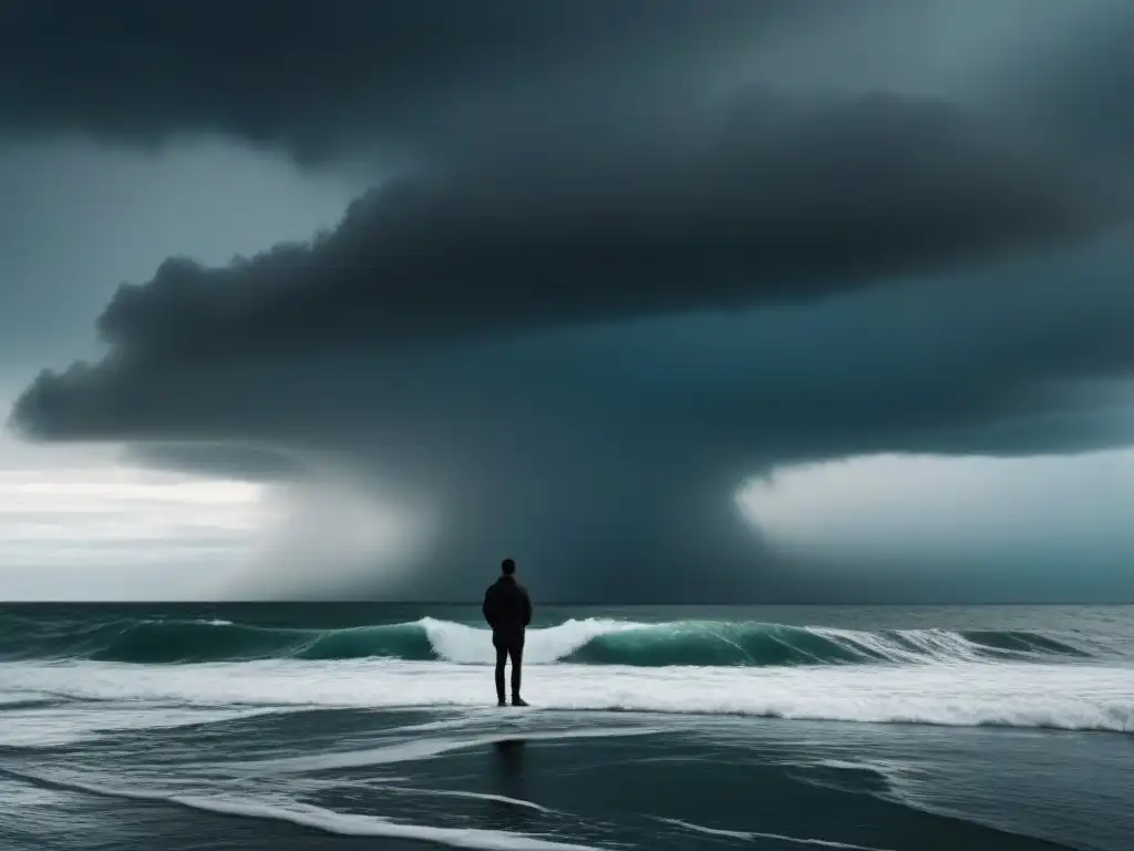 Un personaje solitario contempla el mar turbulento, evocando la poesía lírica de Marina Tsvietáieva