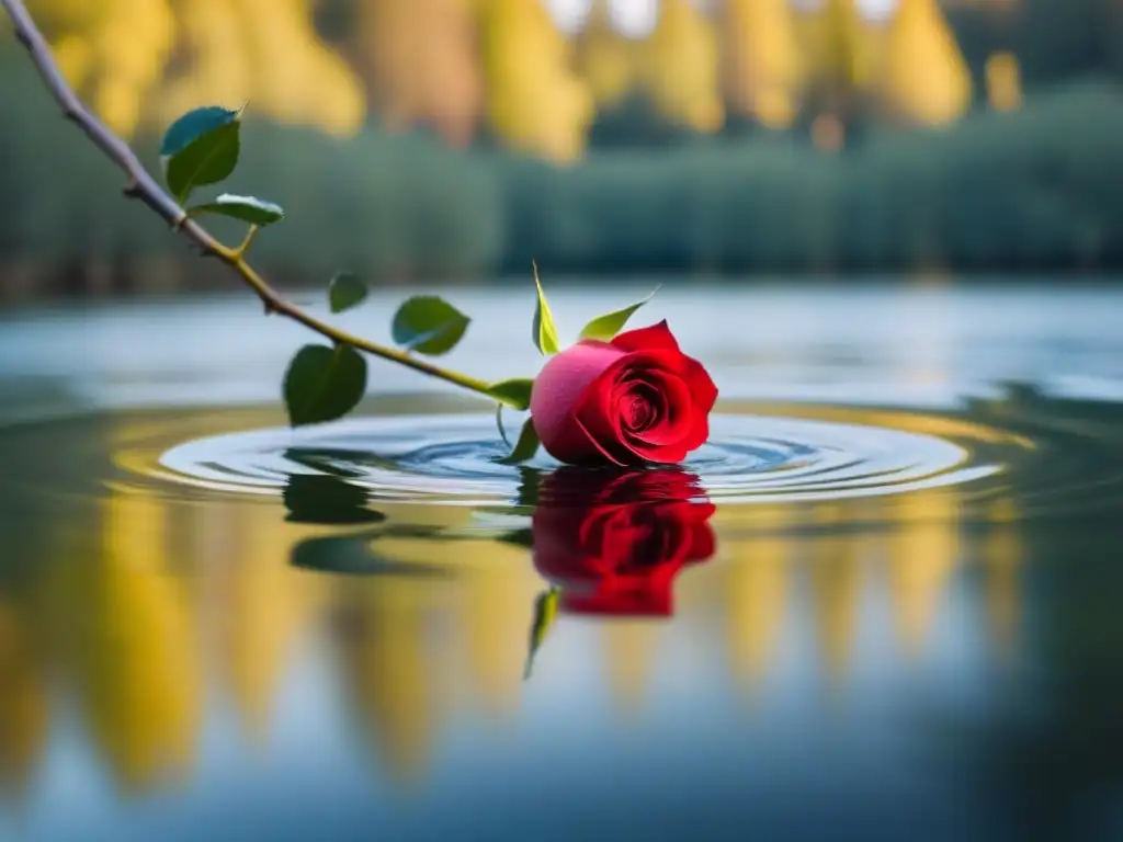 Un pétalo de rosa roja cae delicadamente en el agua, creando ondas que distorsionan la reflexión de los árboles y el cielo