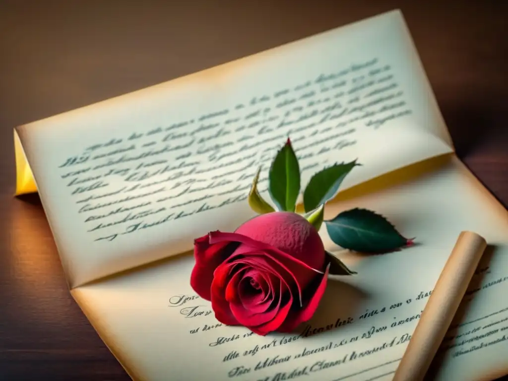 Un pétalo de rosa roja reposa delicadamente sobre una carta de amor vintage, capturando la esencia de los poemas de amor conmovedores