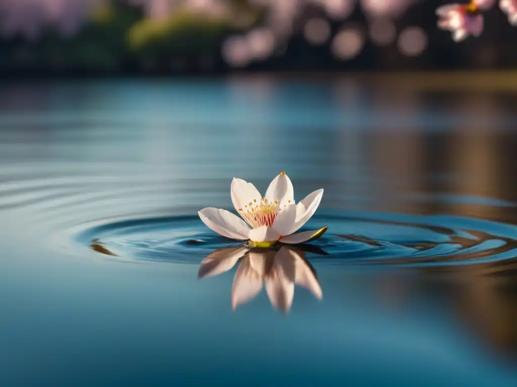 Un pétalo de cerezo reposa delicadamente sobre el agua, reflejando su elegante forma