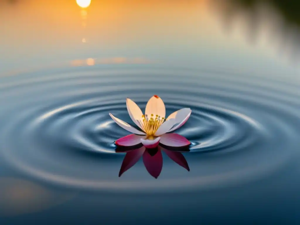 Flor de cerezo flotando al atardecer Un pétalo de cerezo flotando en agua, reflejando la puesta de sol