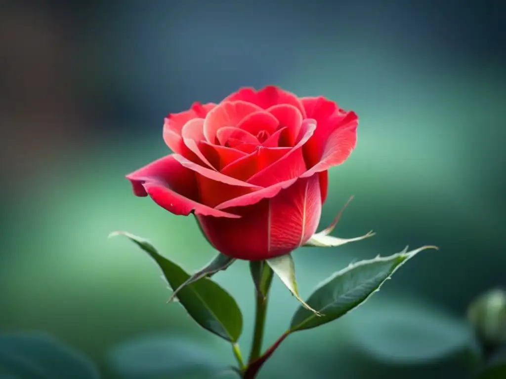 Un pétalo de rosa roja, detallado y delicado, iluminado por una luz cálida, muestra su belleza natural